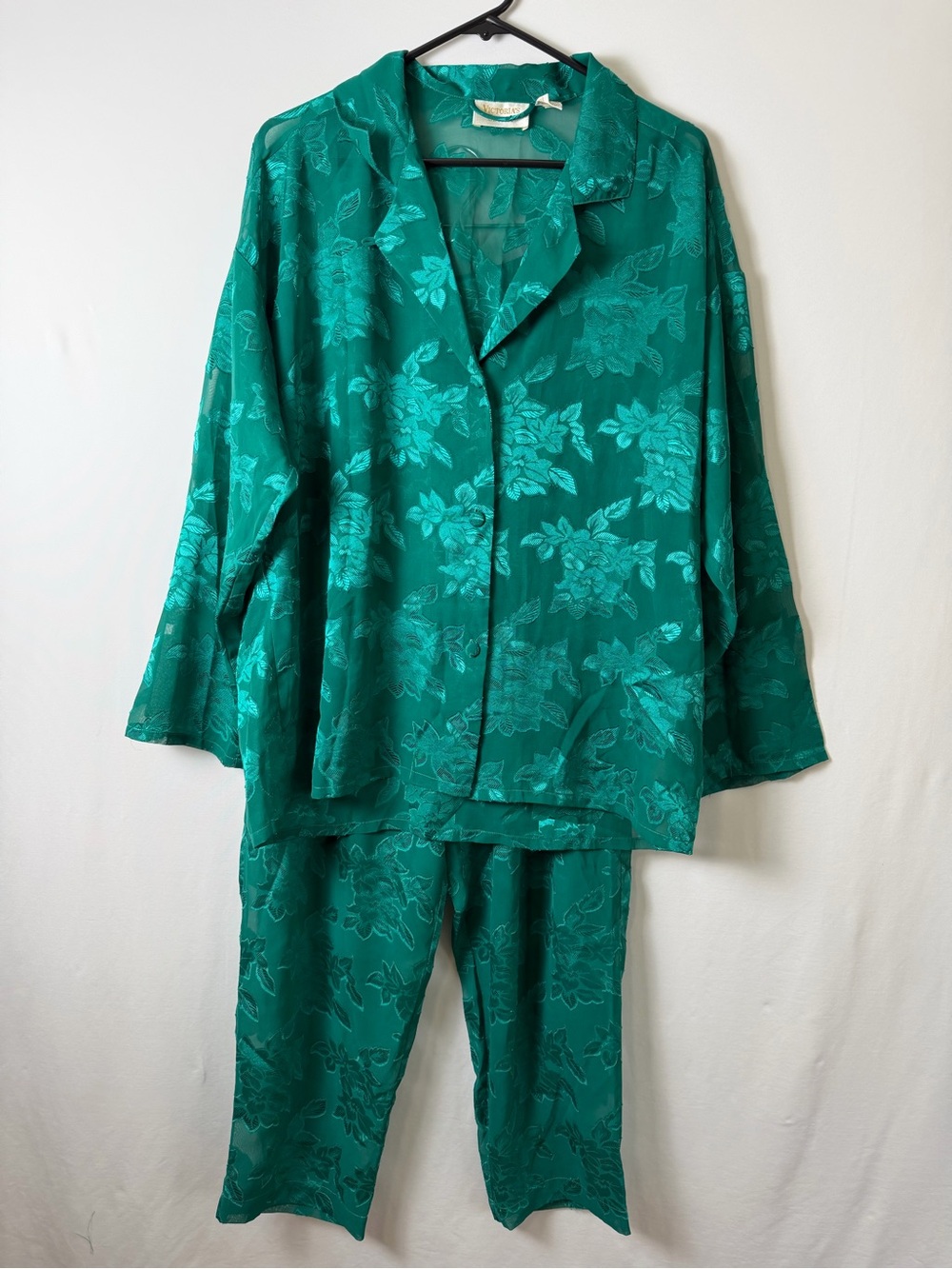 Victoria's Secret Gold Label Sheer Pajama Set Sz S Emerald Green Jacquard Retro